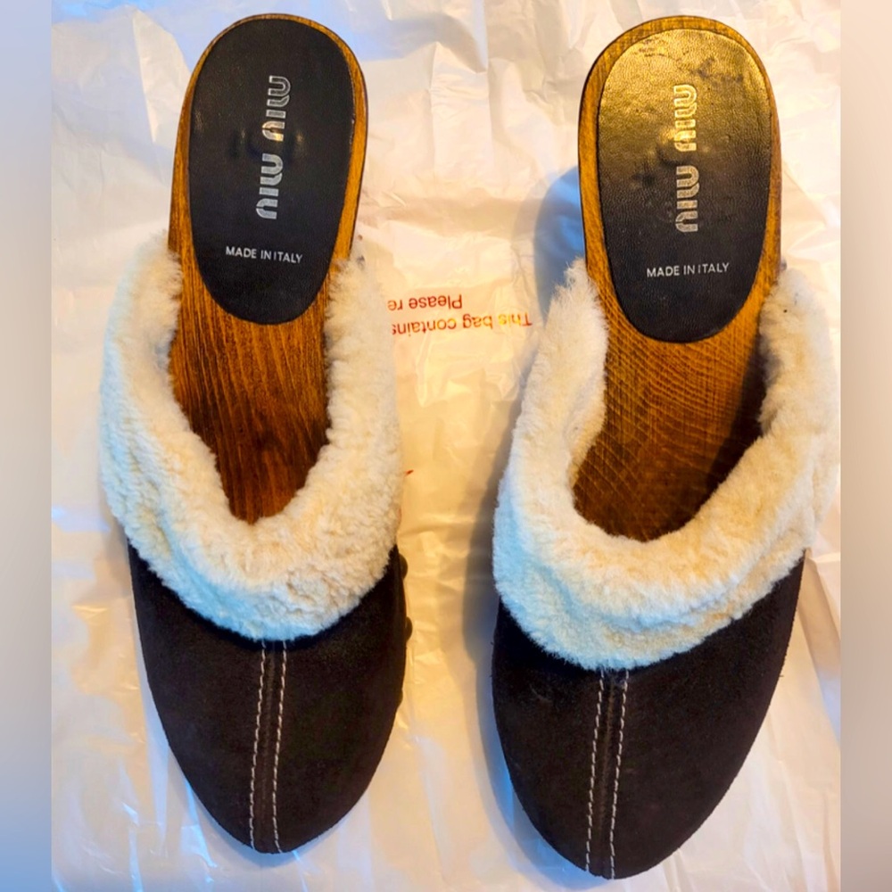 Vintage Miu Miu Dark Brown Shearling Shoes Kitten Clog Mules Size 7